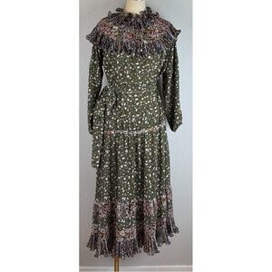 Diane Freis Boho Prairie Midi 70s Floral Ruffle Tie Neck Dress Medium